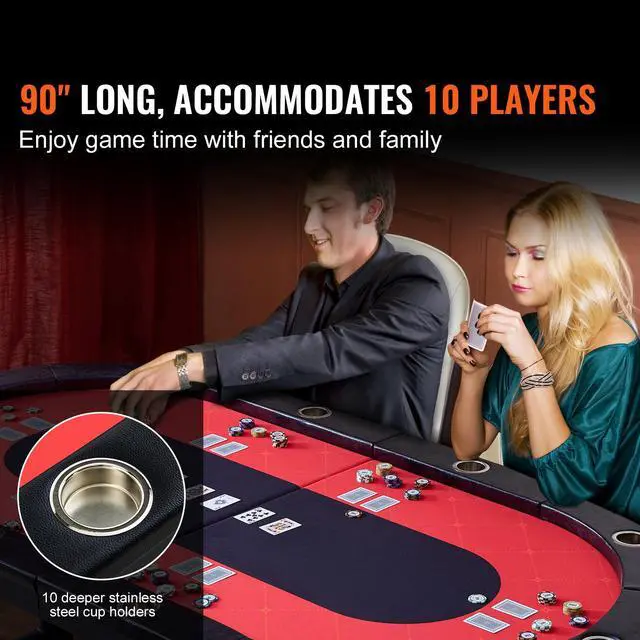 Alt view image 2 of 7 - VEVOR 10 Player Foldable Poker Table, Blackjack Texas Holdem Poker Table with Padded Rails and Stainless Steel Cup Holders, Portable Folding Card Board Game Table, 90" Oval Casino Leisure Table