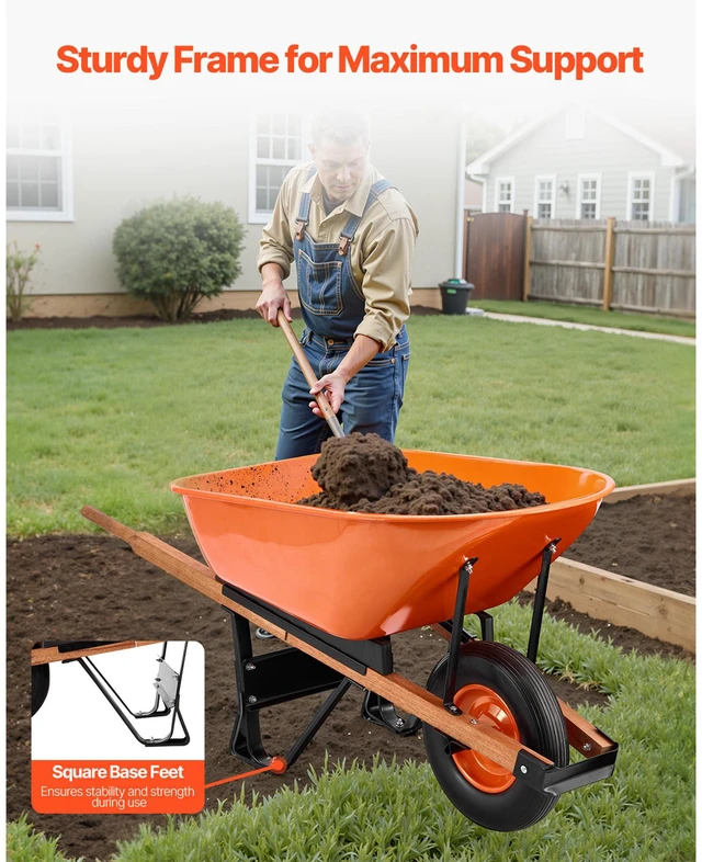 Alt view image 4 of 7 - Wheelbarrow Cart, 6 Cu. Ft. Load & 330 lbs Capacity, One Wheel Garden Dump Cart Wheel Barrow with Metal Handle & 16" Wide Track Wheels, Easy Loading Utility Yard Cart & Wagons for Lawn Farm