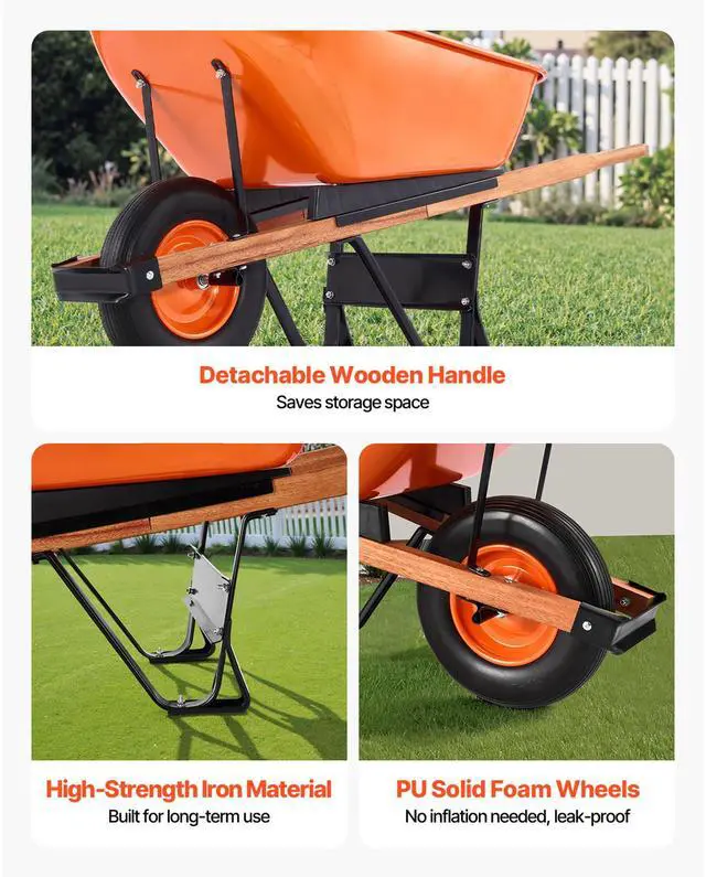 Alt view image 6 of 7 - Wheelbarrow Cart, 6 Cu. Ft. Load & 330 lbs Capacity, One Wheel Garden Dump Cart Wheel Barrow with Metal Handle & 16" Wide Track Wheels, Easy Loading Utility Yard Cart & Wagons for Lawn Farm