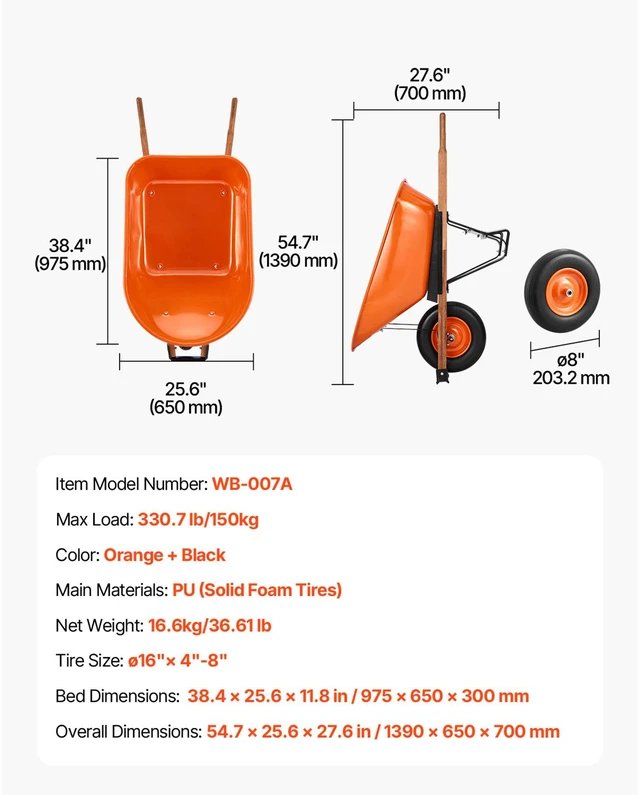 Alt view image 7 of 7 - Wheelbarrow Cart, 6 Cu. Ft. Load & 330 lbs Capacity, One Wheel Garden Dump Cart Wheel Barrow with Metal Handle & 16" Wide Track Wheels, Easy Loading Utility Yard Cart & Wagons for Lawn Farm