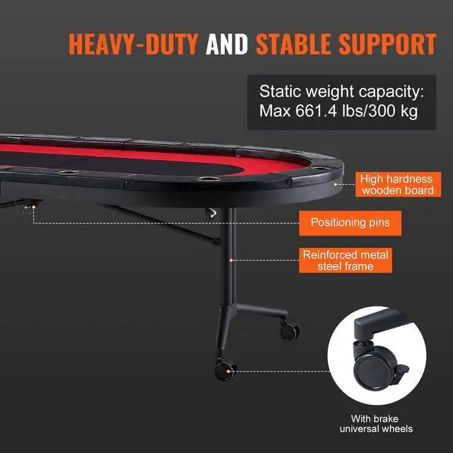 Alt view image 6 of 7 - VEVOR 10 Player Foldable Poker Table, Blackjack Texas Holdem Poker Table with Padded Rails and Stainless Steel Cup Holders, Portable Folding Card Board Game Table, 90" Oval Casino Leisure Table