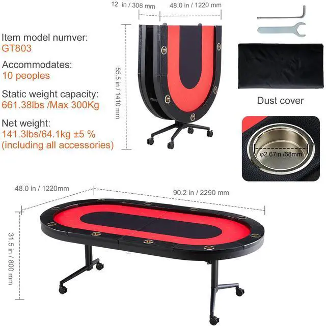 Alt view image 7 of 7 - VEVOR 10 Player Foldable Poker Table, Blackjack Texas Holdem Poker Table with Padded Rails and Stainless Steel Cup Holders, Portable Folding Card Board Game Table, 90" Oval Casino Leisure Table