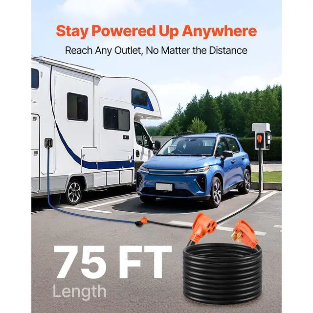 Alt view image 2 of 7 - 75 FT RV Extension Cord, 50 Amp, 125V/250V 7500W Heavy Duty STW 6/3 + 8/1 Gauge Wire, NEMA 14-50P Male NEMA 14-50R Female Plug, with LED Indicator, Handle, 15A Adapter for RV Trailer, ETL Listed