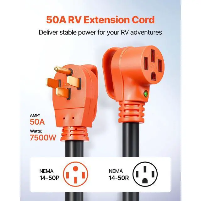 Alt view image 3 of 7 - 75 FT RV Extension Cord, 50 Amp, 125V/250V 7500W Heavy Duty STW 6/3 + 8/1 Gauge Wire, NEMA 14-50P Male NEMA 14-50R Female Plug, with LED Indicator, Handle, 15A Adapter for RV Trailer, ETL Listed