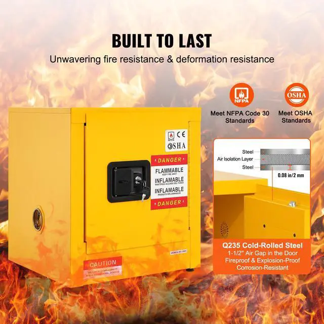 Alt view image 2 of 7 - Flammable Safety Cabinet, 11 Gal, Cold-Rolled Steel Flammable Liquid Storage Cabinet, 16.9 x 16.9 x 18.2 in Explosion Proof with 1 Door for Industrial Use, NFPA Code 30 OSHA Standards Yellow