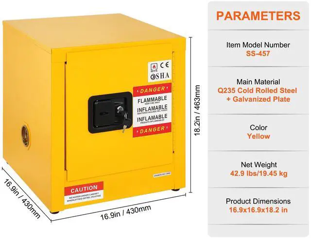 Alt view image 3 of 7 - Flammable Safety Cabinet, 11 Gal, Cold-Rolled Steel Flammable Liquid Storage Cabinet, 16.9 x 16.9 x 18.2 in Explosion Proof with 1 Door for Industrial Use, NFPA Code 30 OSHA Standards Yellow