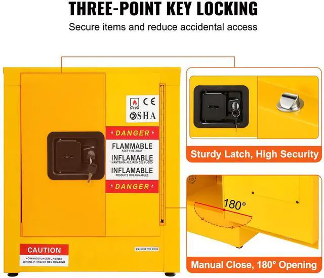 Alt view image 6 of 7 - Flammable Safety Cabinet, 11 Gal, Cold-Rolled Steel Flammable Liquid Storage Cabinet, 16.9 x 16.9 x 18.2 in Explosion Proof with 1 Door for Industrial Use, NFPA Code 30 OSHA Standards Yellow