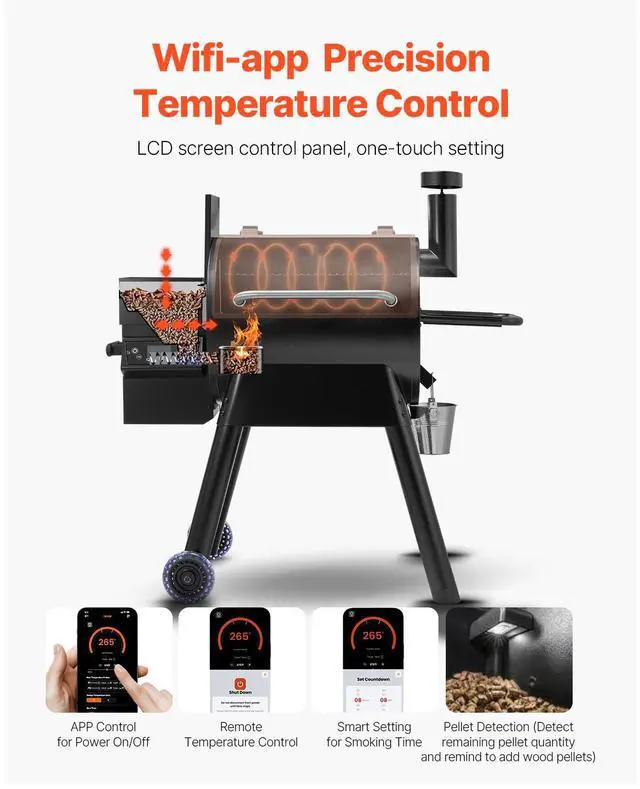 Alt view image 3 of 7 - Wood Pellet Grill Smoker, 8 in 1 BBQ Grills for Outdoor Cooking, 575 Square Inches Cook Area Electric Smokers, with WiFi-app Control, LCD Screen Controller, Meat Probe, 500°F Max Temperature