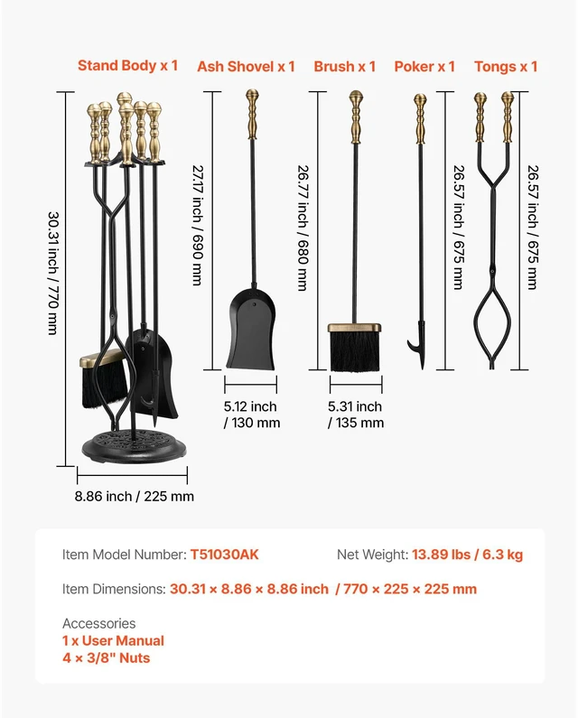 Alt view image 8 of 9 - VEVOR Fireplace Tool Set, 5 PCS Fire Tool Set and Holder with Five-Prong Stand, Tongs, Ash Shovel, Brush, Fire Place Poker, Wrought Iron Fireplace Accessories for Indoor/Outdoor, Black & Brass