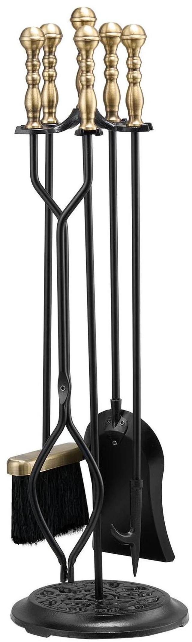 Alt view image 2 of 9 - VEVOR Fireplace Tool Set, 5 PCS Fire Tool Set and Holder with Five-Prong Stand, Tongs, Ash Shovel, Brush, Fire Place Poker, Wrought Iron Fireplace Accessories for Indoor/Outdoor, Black & Brass