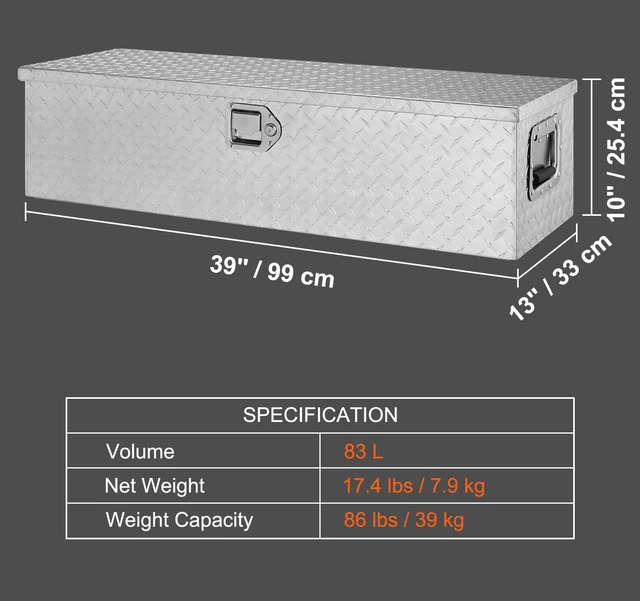 Alt view image 7 of 7 - Heavy Duty Aluminum Truck Bed Tool Box, Diamond Plate Tool Box with Side Handle and Lock Keys, Storage Tool Box Chest Box Organizer for Pickup, Truck Bed, RV, Trailer, 39"x13"x10", Silver