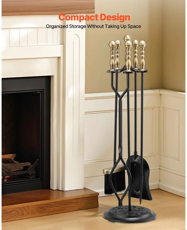 Alt view image 6 of 9 - VEVOR Fireplace Tool Set, 5 PCS Fire Tool Set and Holder with Five-Prong Stand, Tongs, Ash Shovel, Brush, Fire Place Poker, Wrought Iron Fireplace Accessories for Indoor/Outdoor, Black & Brass