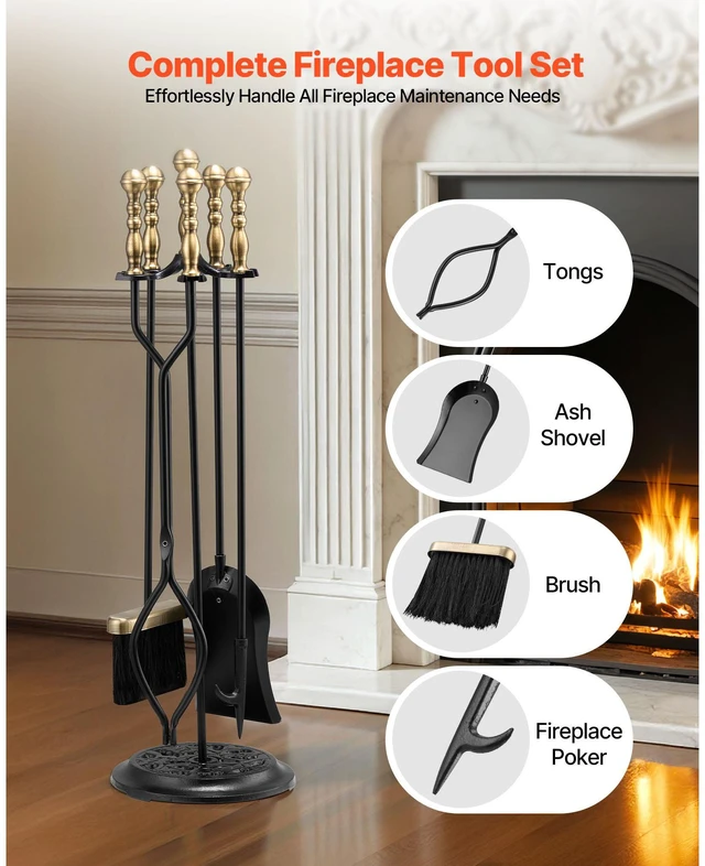 Alt view image 3 of 9 - VEVOR Fireplace Tool Set, 5 PCS Fire Tool Set and Holder with Five-Prong Stand, Tongs, Ash Shovel, Brush, Fire Place Poker, Wrought Iron Fireplace Accessories for Indoor/Outdoor, Black & Brass