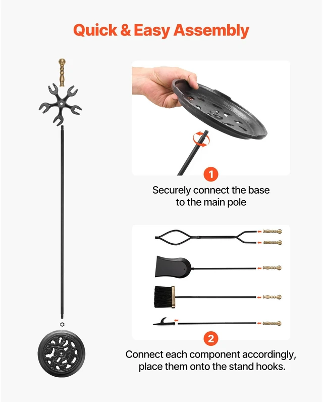 Alt view image 7 of 9 - VEVOR Fireplace Tool Set, 5 PCS Fire Tool Set and Holder with Five-Prong Stand, Tongs, Ash Shovel, Brush, Fire Place Poker, Wrought Iron Fireplace Accessories for Indoor/Outdoor, Black & Brass