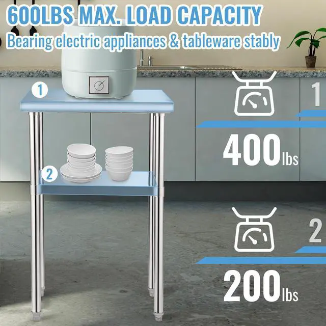 Alt view image 4 of 7 - Stainless Steel Prep Table, 24 x 18 x 36 Inch, 600lbs Load Capacity Heavy Duty Metal Worktable with Adjustable Undershelf & Feet, Commercial Workstation for Kitchen Restaurant Garage Backyard