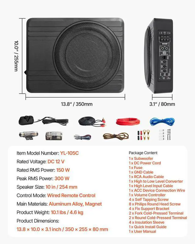 Alt view image 7 of 7 - 10" 300W Underseat Car Subwoofer, Slim Powered Car Subwoofers Under the Seat, Low Profile Audio Sub Built-in Amplifier, High/Low Level Input & Volume Controller for SUVs, Car, Truck, RV
