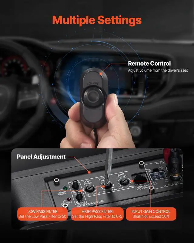 Alt view image 6 of 7 - 10" 300W Underseat Car Subwoofer, Slim Powered Car Subwoofers Under the Seat, Low Profile Audio Sub Built-in Amplifier, High/Low Level Input & Volume Controller for SUVs, Car, Truck, RV
