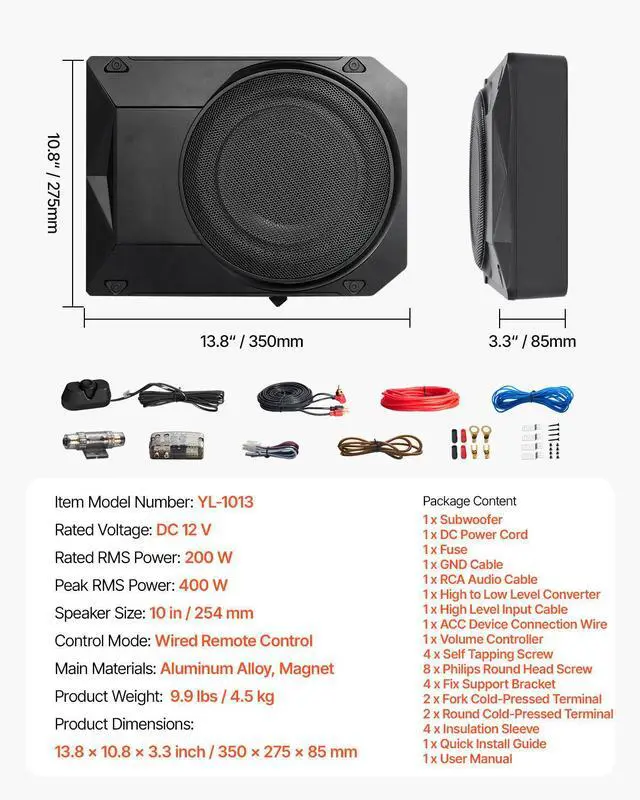 Alt view image 7 of 7 - 10" 400W Underseat Car Subwoofer, Slim Powered Car Subwoofers Under the Seat, Low Profile Audio Sub Built-in Amplifier, High/Low Level Input & Volume Controller for SUVs, Car, Truck, RV
