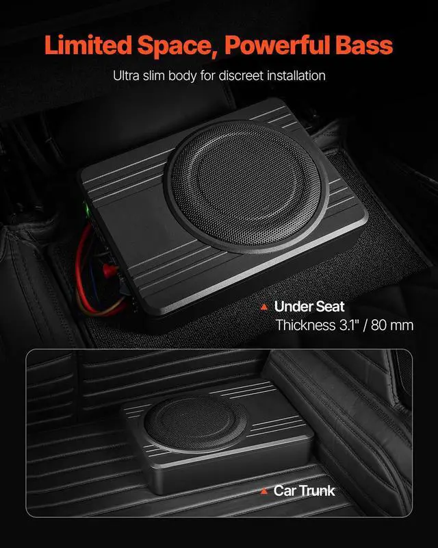 Alt view image 2 of 7 - 10" 300W Underseat Car Subwoofer, Slim Powered Car Subwoofers Under the Seat, Low Profile Audio Sub Built-in Amplifier, High/Low Level Input & Volume Controller for SUVs, Car, Truck, RV