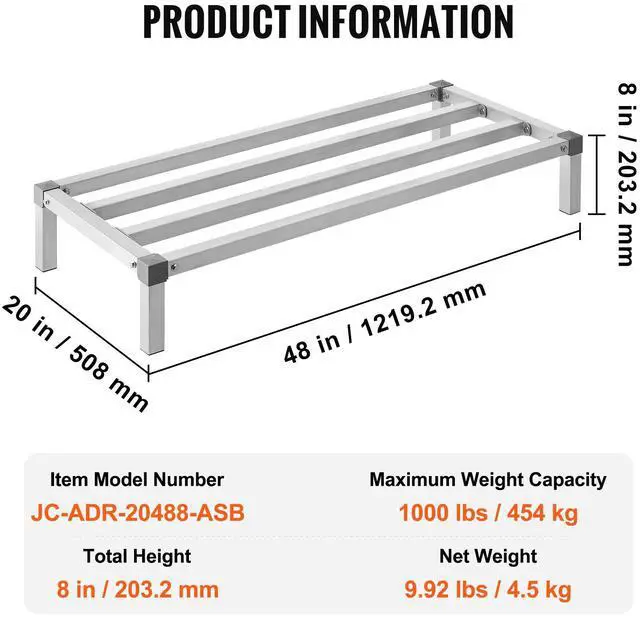 Alt view image 7 of 7 - Aluminum Dunnage Rack, 48 x 20 Commercial Food Floor Rack, 8 Off the Floor, 1000 lbs Capacity All-Welded Aluminum Storage Rack, for Storage in Restaurants, Kitchens, Garages and Vehicles