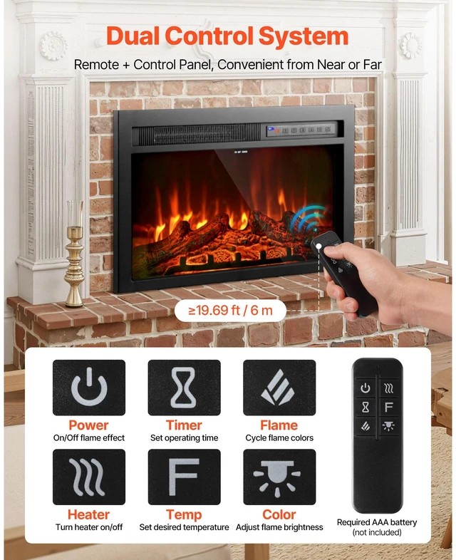 Alt view image 7 of 9 - VEVOR 26in Electric Fireplace Insert Wall Recessed Heater 750W 1500W Remote