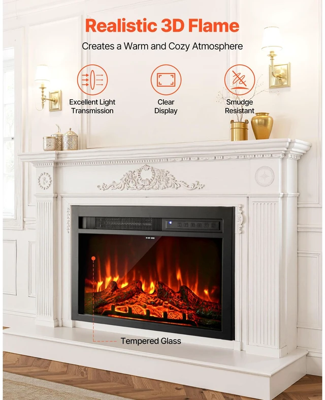 Alt view image 4 of 9 - VEVOR 26in Electric Fireplace Insert Wall Recessed Heater 750W 1500W Remote