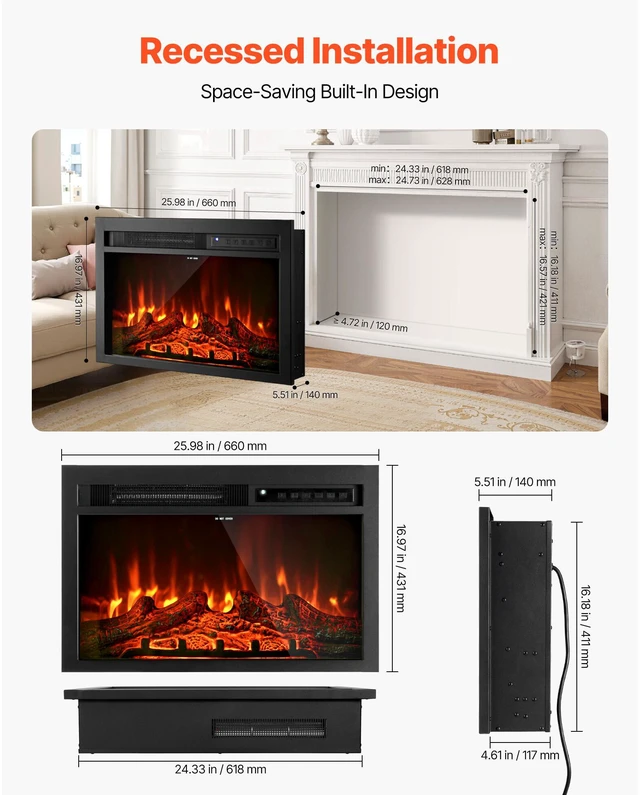 Alt view image 5 of 9 - VEVOR 26in Electric Fireplace Insert Wall Recessed Heater 750W 1500W Remote