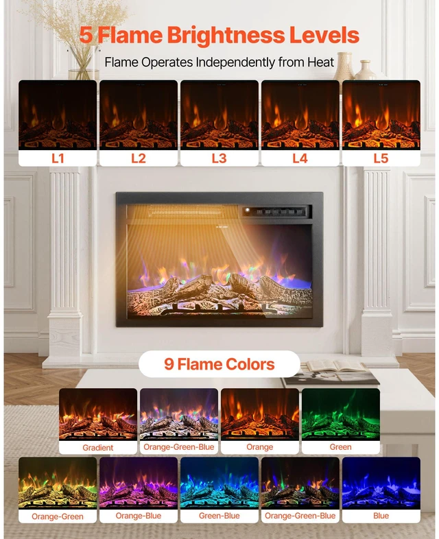 Alt view image 6 of 9 - VEVOR 26in Electric Fireplace Insert Wall Recessed Heater 750W 1500W Remote