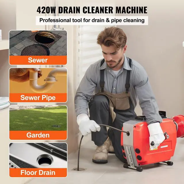 Alt view image 2 of 7 - 120FT x 7/8 Inch Drain Cleaner Machine, 420W Electric Sewer Snake Auger Manual Feed - with 6 Cutters, 2 Steel Cables (120' x 7/8" and 18' x 3/8") & CW/CCW Control for 1.9" to 6" Pipes