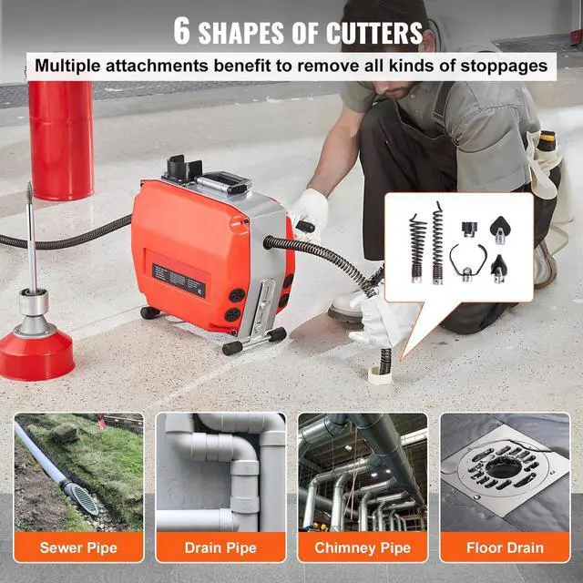 Alt view image 4 of 7 - 120FT x 7/8 Inch Drain Cleaner Machine, 420W Electric Sewer Snake Auger Manual Feed - with 6 Cutters, 2 Steel Cables (120' x 7/8" and 18' x 3/8") & CW/CCW Control for 1.9" to 6" Pipes
