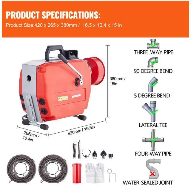 Alt view image 7 of 7 - 120FT x 7/8 Inch Drain Cleaner Machine, 420W Electric Sewer Snake Auger Manual Feed - with 6 Cutters, 2 Steel Cables (120' x 7/8" and 18' x 3/8") & CW/CCW Control for 1.9" to 6" Pipes
