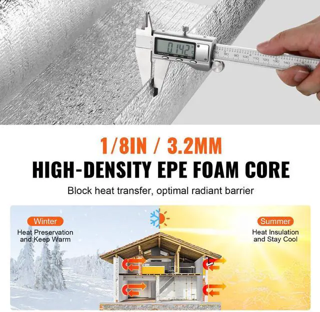 Alt view image 4 of 7 - Double Reflective Insulation Roll, Foam Core Radiant Barrier, 3.2 mm 48 in x 100 ft, Double-Sided Aluminum Foil EPE Foam Heat Reflective Shield, Thermal Insulation Roll for Window RV Roof
