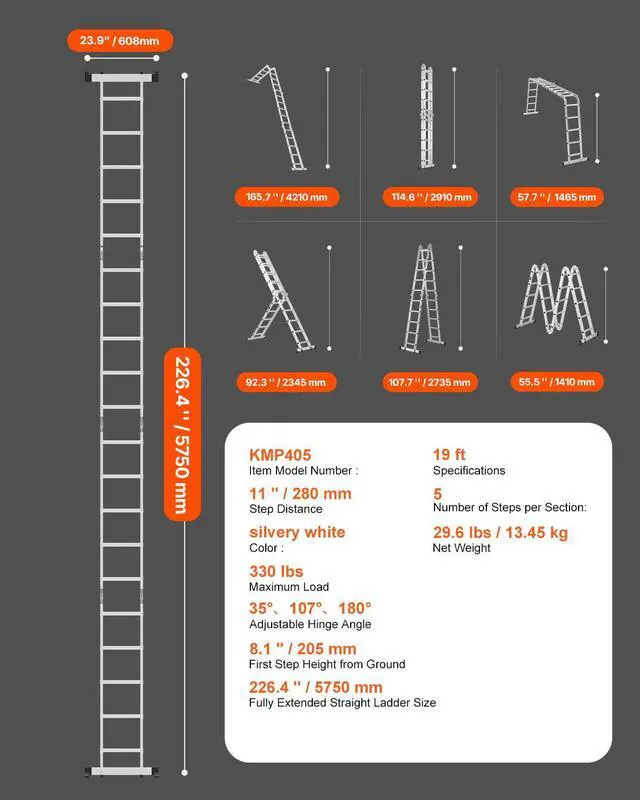 Alt view image 7 of 7 - VEVOR Multi-Purpose Folding Ladder 7-in-1 5 Step 19ft Reach Height Metal