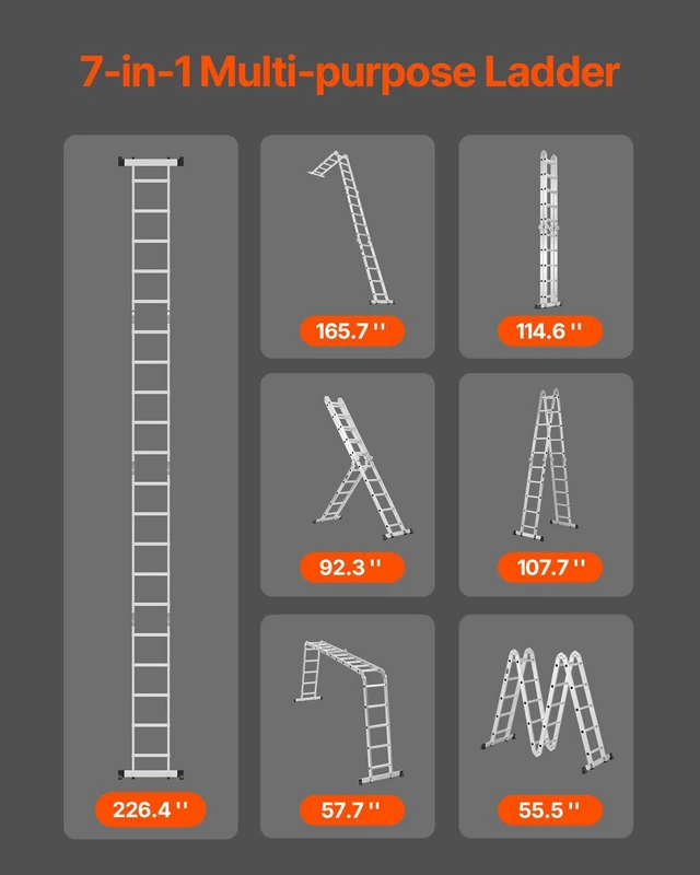 Alt view image 2 of 7 - VEVOR Multi-Purpose Folding Ladder 7-in-1 5 Step 19ft Reach Height Metal