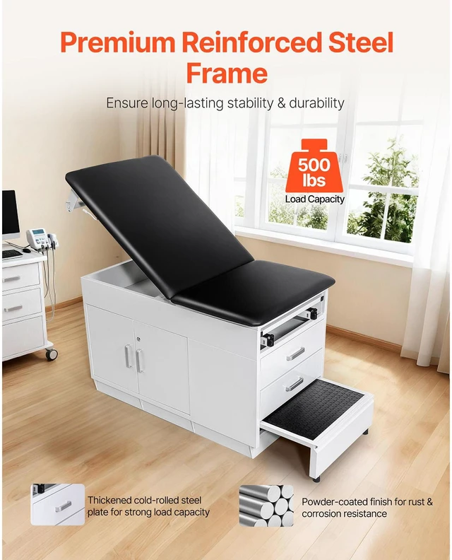 Alt view image 2 of 8 - Pro Medical Exam Table, Medical Examination Bed with Adjustable Backrest, Physical Therapy Exam Table with Locking Cabinet, 2 Drawers, Paper Roll Dispenser, Step Stool & Leg Rest, 500LBS Loading