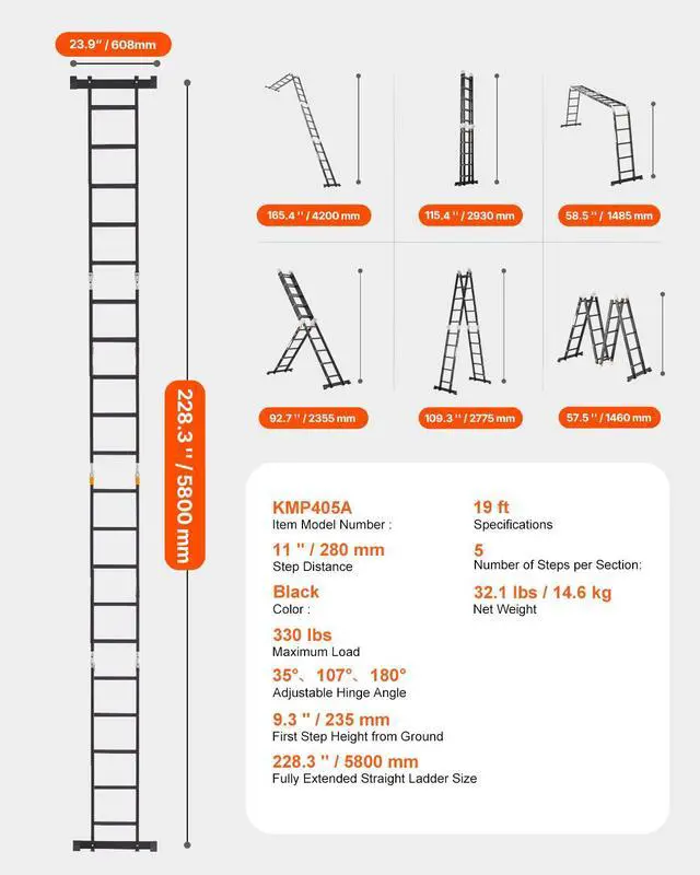 Alt view image 7 of 7 - Multi-Purpose Folding Ladder, 7-in-1 Tall Extension Step Ladder, A Frame 5 Step Telescoping Ladder, 19ft Reach Height Heavy Duty Adjustable Ladder, 330 lbs Capacity for Home Outdoor