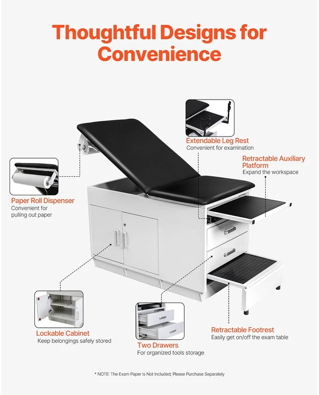 Alt view image 5 of 8 - Pro Medical Exam Table, Medical Examination Bed with Adjustable Backrest, Physical Therapy Exam Table with Locking Cabinet, 2 Drawers, Paper Roll Dispenser, Step Stool & Leg Rest, 500LBS Loading