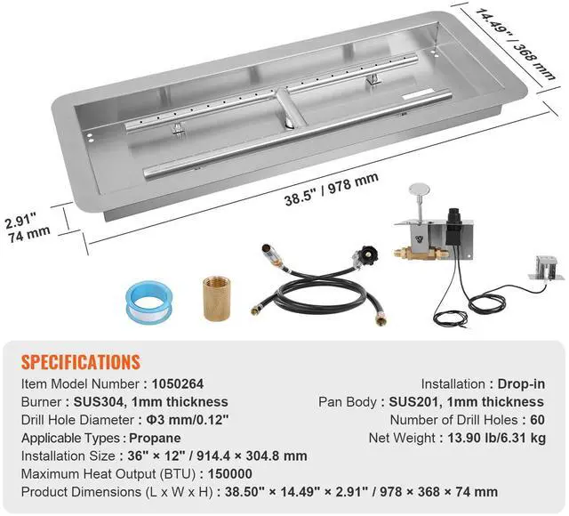 Alt view image 7 of 7 - 36 x 12 inch Drop-in Fire Pit Pan, Rectangular Stainless Steel Fire Pit Burner Kit, Natural & Propane Gas Fire Pan 150,000 BTU with H-Burner for Indoor or Outdoor Use