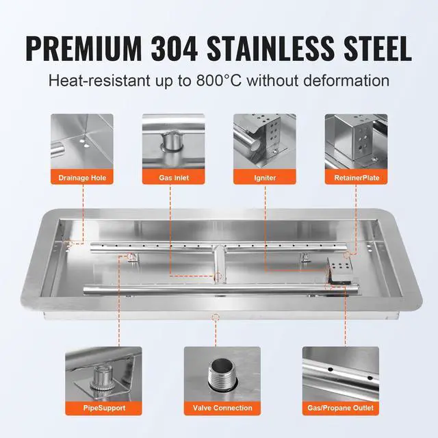 Alt view image 3 of 7 - 36 x 12 inch Drop-in Fire Pit Pan, Rectangular Stainless Steel Fire Pit Burner Kit, Natural & Propane Gas Fire Pan 150,000 BTU with H-Burner for Indoor or Outdoor Use