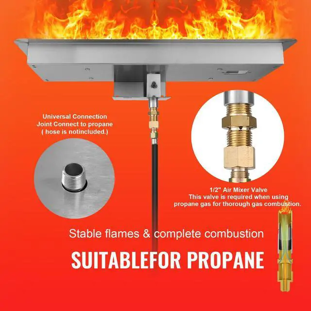 Alt view image 6 of 7 - 36 x 12 inch Drop-in Fire Pit Pan, Rectangular Stainless Steel Fire Pit Burner Kit, Natural & Propane Gas Fire Pan 150,000 BTU with H-Burner for Indoor or Outdoor Use