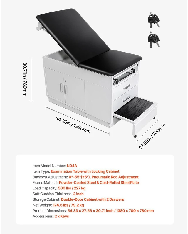 Alt view image 7 of 8 - Pro Medical Exam Table, Medical Examination Bed with Adjustable Backrest, Physical Therapy Exam Table with Locking Cabinet, 2 Drawers, Paper Roll Dispenser, Step Stool & Leg Rest, 500LBS Loading