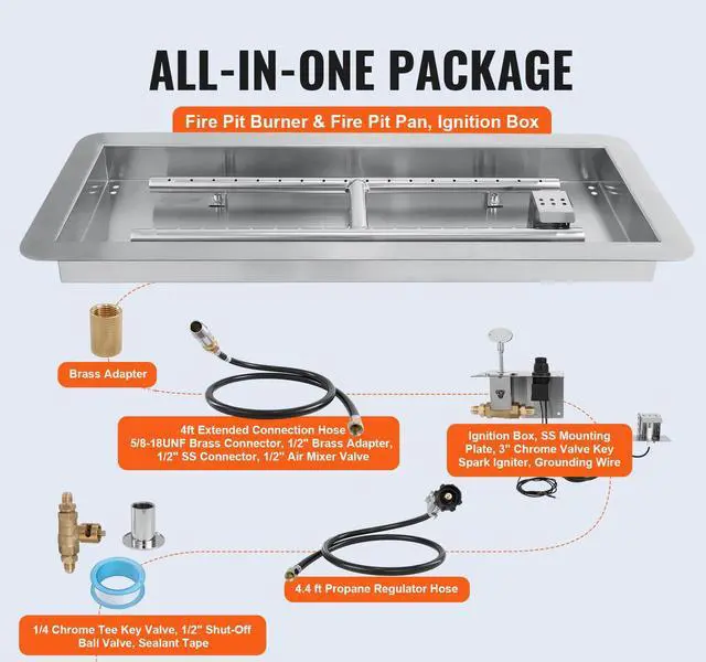 Alt view image 2 of 7 - 36 x 12 inch Drop-in Fire Pit Pan, Rectangular Stainless Steel Fire Pit Burner Kit, Natural & Propane Gas Fire Pan 150,000 BTU with H-Burner for Indoor or Outdoor Use