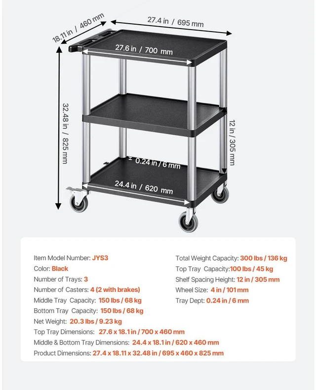 Alt view image 7 of 7 - Utility Cart, 300 lbs Load Capacity, 27.6 x 18.1-inch Service Cart, Three-Shelf Heavy Duty Plastic Utility Cart with 360° Swivel Wheels (2 with Brakes), Suitable for Warehouse, Garage, Cleaning