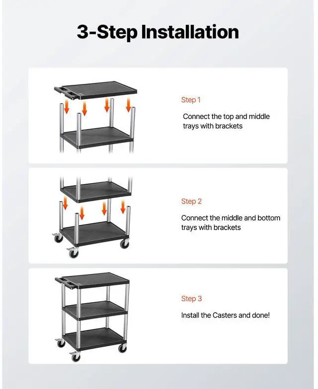 Alt view image 6 of 7 - Utility Cart, 300 lbs Load Capacity, 27.6 x 18.1-inch Service Cart, Three-Shelf Heavy Duty Plastic Utility Cart with 360° Swivel Wheels (2 with Brakes), Suitable for Warehouse, Garage, Cleaning