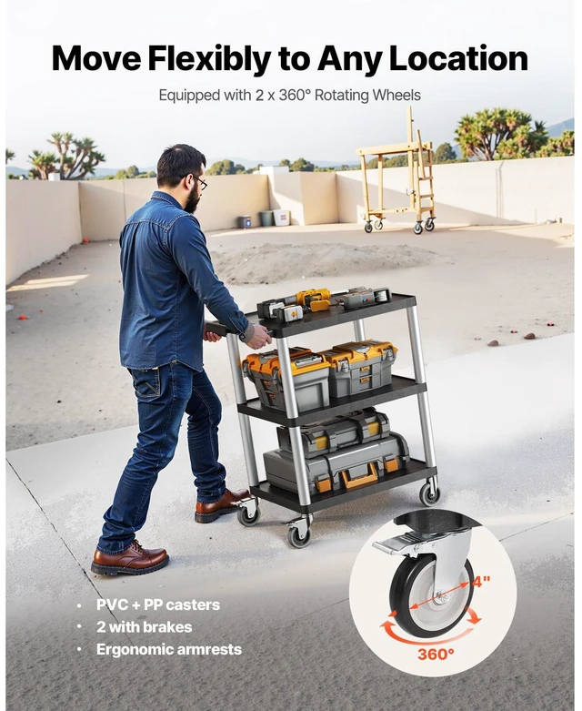 Alt view image 4 of 7 - Utility Cart, 300 lbs Load Capacity, 27.6 x 18.1-inch Service Cart, Three-Shelf Heavy Duty Plastic Utility Cart with 360° Swivel Wheels (2 with Brakes), Suitable for Warehouse, Garage, Cleaning