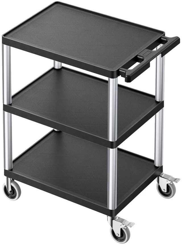 Main image of Utility Cart, 300 lbs Load Capacity, 27.6 x 18.1-inch Service Cart, Three-Shelf Heavy Duty Plastic Utility Cart with 360° Swivel Wheels (2 with Brakes), Suitable for Warehouse, Garage, Cleaning
