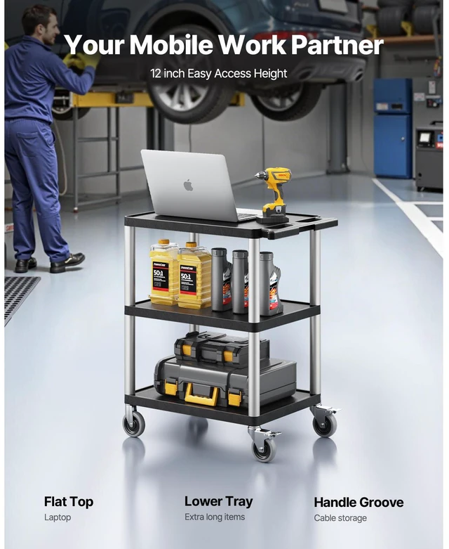 Alt view image 2 of 7 - Utility Cart, 300 lbs Load Capacity, 27.6 x 18.1-inch Service Cart, Three-Shelf Heavy Duty Plastic Utility Cart with 360° Swivel Wheels (2 with Brakes), Suitable for Warehouse, Garage, Cleaning