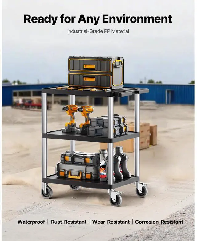 Alt view image 5 of 7 - Utility Cart, 300 lbs Load Capacity, 27.6 x 18.1-inch Service Cart, Three-Shelf Heavy Duty Plastic Utility Cart with 360° Swivel Wheels (2 with Brakes), Suitable for Warehouse, Garage, Cleaning