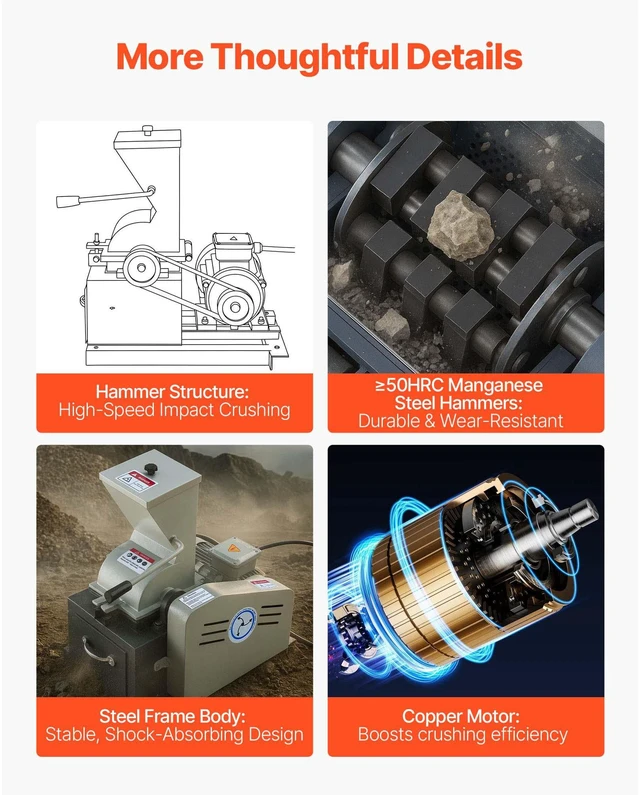 Alt view image 6 of 8 - Hammer Crusher, 2.5KW 220V Electric Rock Stone Shatter Grinder, Glass Crushing Machine with 100 to 200 kg/h Crushing Capacity, Coal Crusher Milling Machine with 0.12/0.24/0.4 inch Sieve Screens