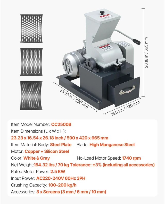 Alt view image 7 of 8 - Hammer Crusher, 2.5KW 220V Electric Rock Stone Shatter Grinder, Glass Crushing Machine with 100 to 200 kg/h Crushing Capacity, Coal Crusher Milling Machine with 0.12/0.24/0.4 inch Sieve Screens